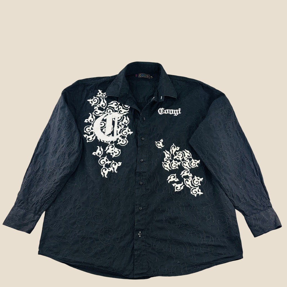 Vintage Coogi Luxe Mens XXL Black Embroidered Button Down Shirt Long Sleeve